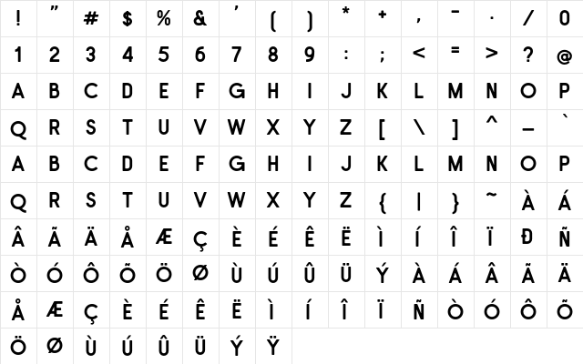 Bontang Regular  glyph index