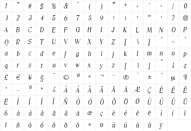 ThomasBecker-Light Italic  glyph index