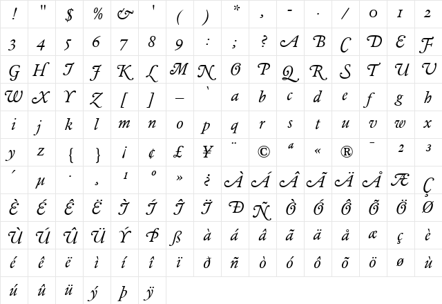 Garamond BE Italic  glyph index