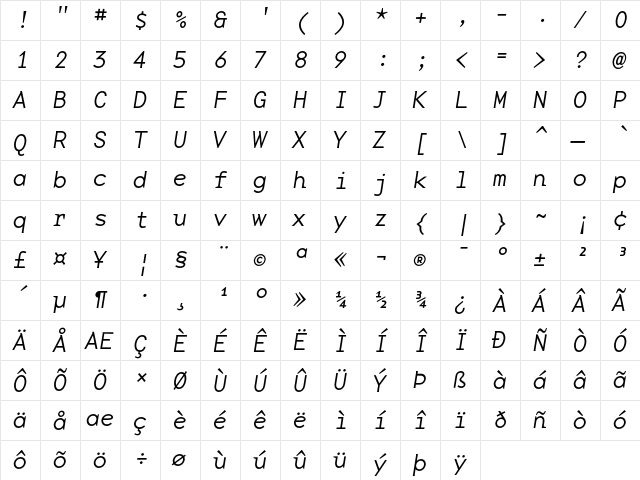 BaseMonoWide-Thin ThinItalic  glyph index