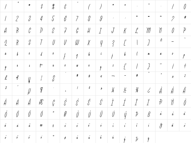 LeisureScript Regular  glyph index