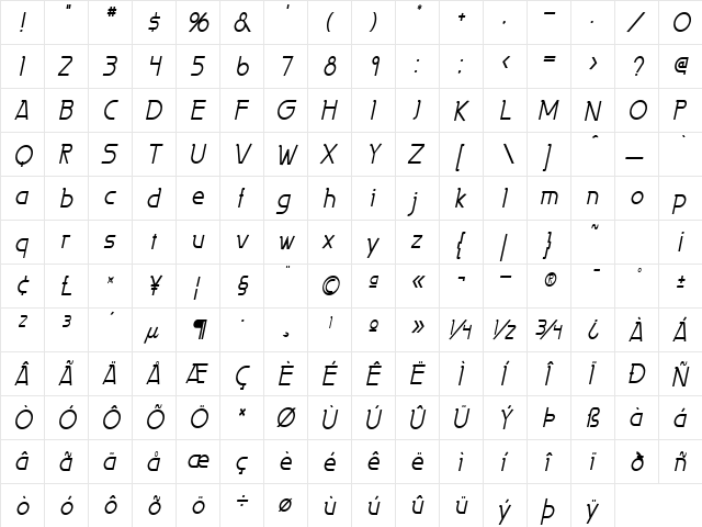 Persia-Condensed Italic  glyph index