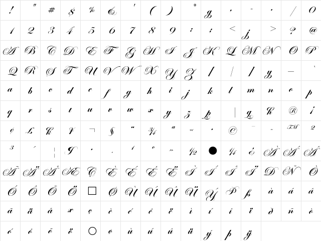 Edwardian Script ITC Bold  glyph index