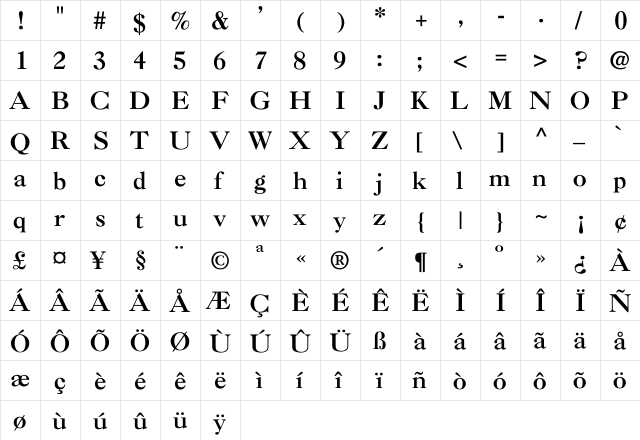 Caslon-Bold Regular  glyph index