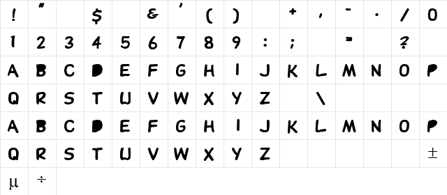 DupuyBALloon Bold  glyph index