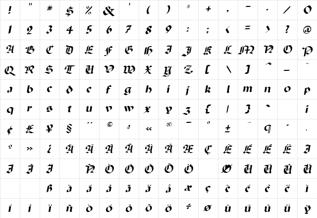 Kilung Oblique  glyph index