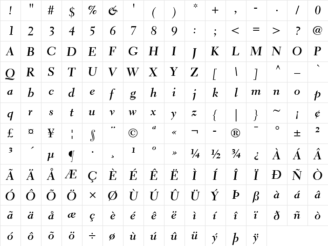 Electra LH Bold Cursive  glyph index