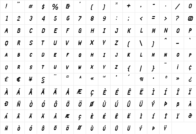 TicketDeCaisse Medium Italic  glyph index