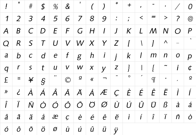 Isaxony Regular  glyph index