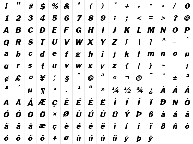 Philadelphia Italic  glyph index