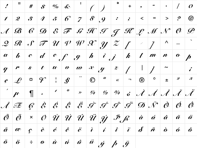 SnellBlackDB Bold  glyph index