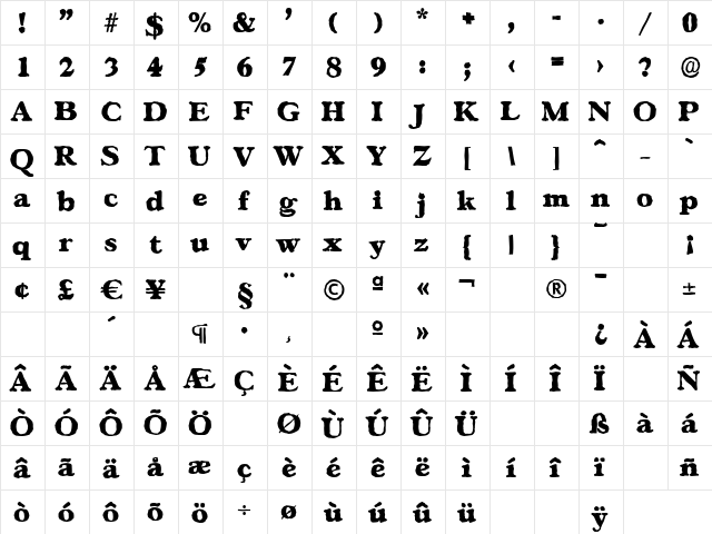 GascogneAntique-Heavy Regular  glyph index