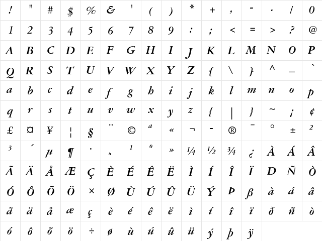 Garamond 3 Bold Italic  glyph index