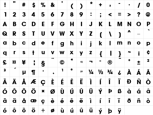 AvantGarde LT Medium Bold  glyph index