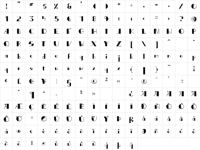 Art Deco Display P22 Regular  glyph index