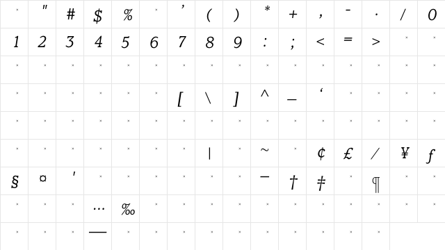 ClaremontLtItalTab Regular  glyph index