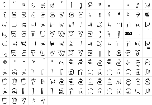 Baveuse 3D Regular  glyph index