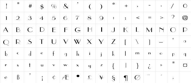 Parisian-Thin Wd Regular  glyph index
