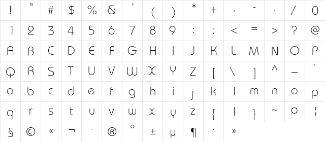 BauhausLightC Regular  glyph index