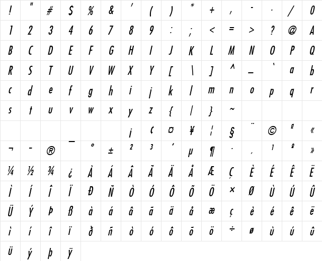 Fuji-Condensed Italic  glyph index