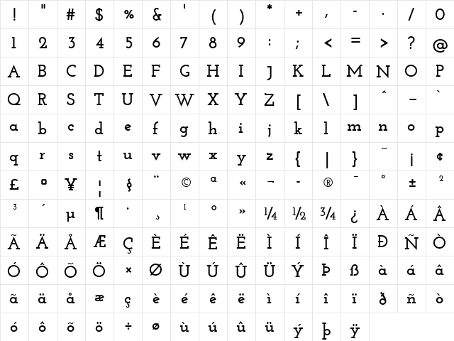 Josefin Slab Bold  glyph index