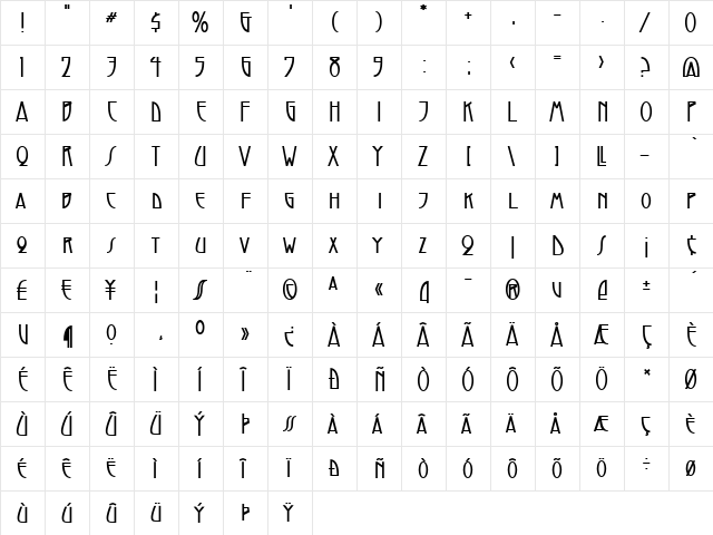 Santini Regular  glyph index