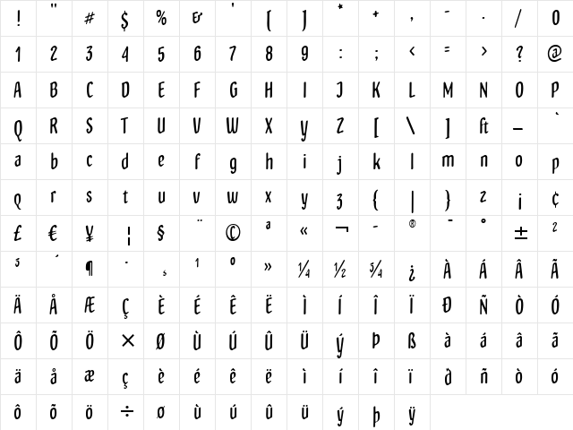 Whiskey ITC Bold  glyph index