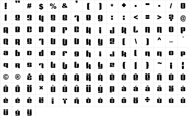 Plasmafuzion Regular  glyph index