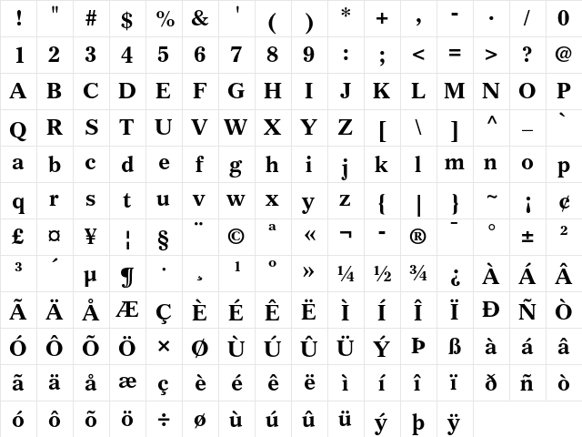 Gazette LH Bold  glyph index