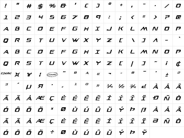 War Eagle Italic Italic  glyph index