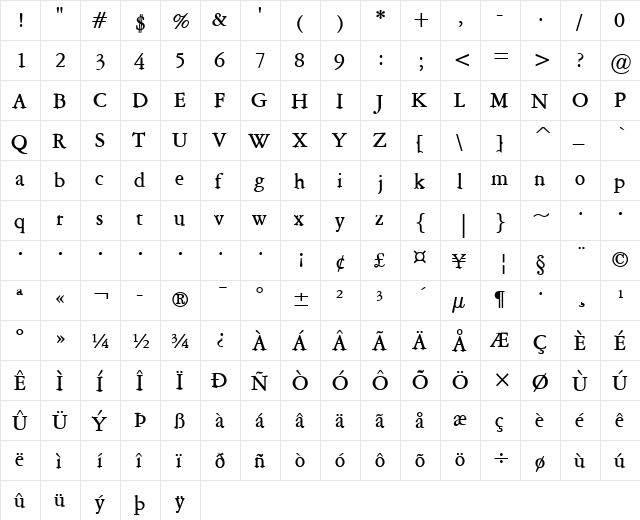 Amery-Condensed Bold  glyph index
