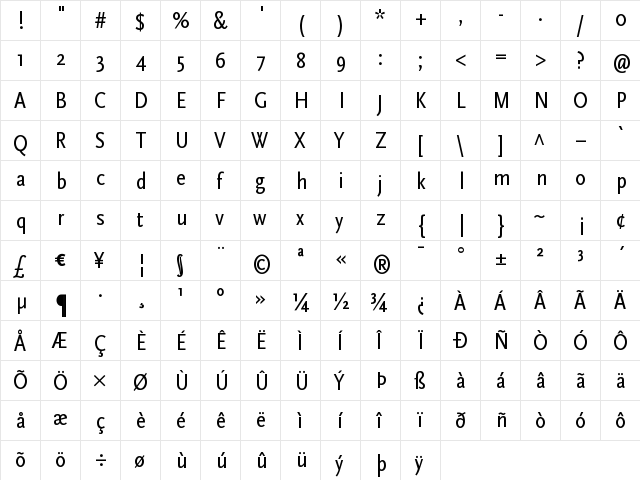 ScalaSans Cond Regular  glyph index