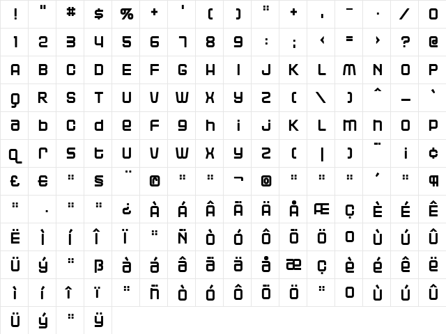 Blackjack Regular  glyph index