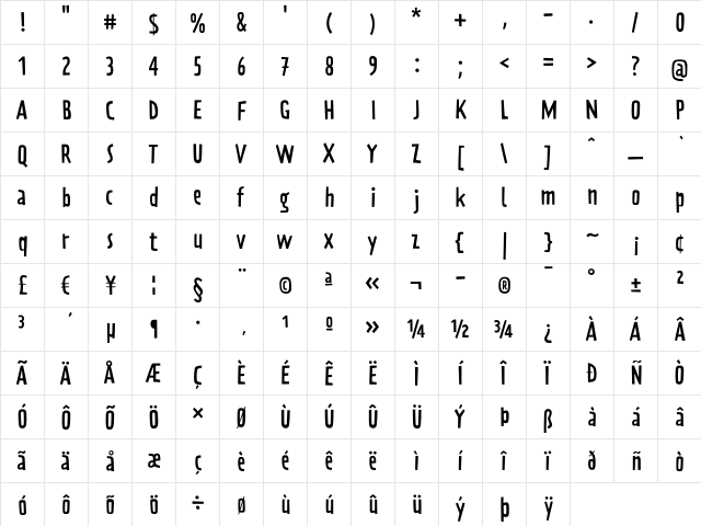 PraterBlockTwo-Fill Regular  glyph index