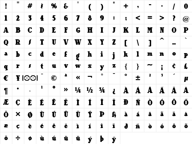 Our Gang NF Regular  glyph index
