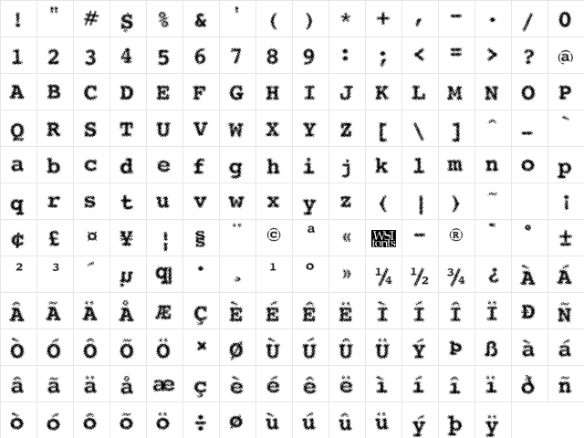 Bleary Regular  glyph index