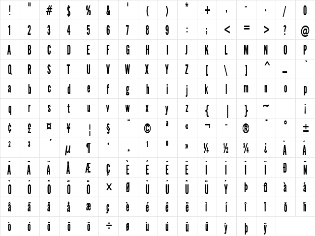 Eng Gothic Thin Bold  glyph index