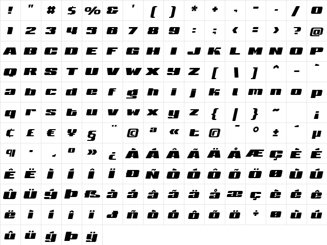 Sneakers UltraWide Italic  glyph index