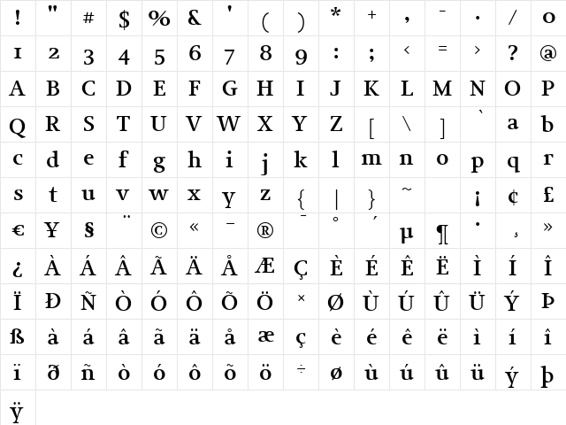 JudeBold Regular  glyph index