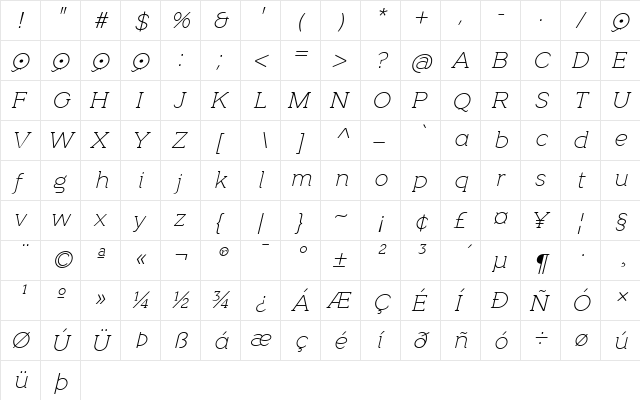 Quotus Thin Italic  glyph index