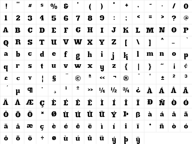 Ink Gothic Inked  glyph index