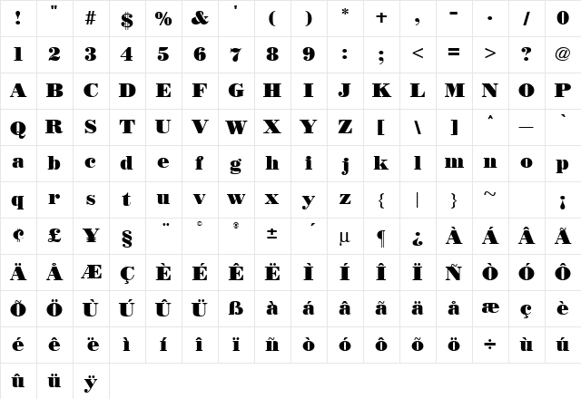 Teton Bold Regular  glyph index