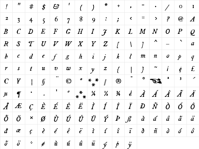 Broadsheet Italic  glyph index