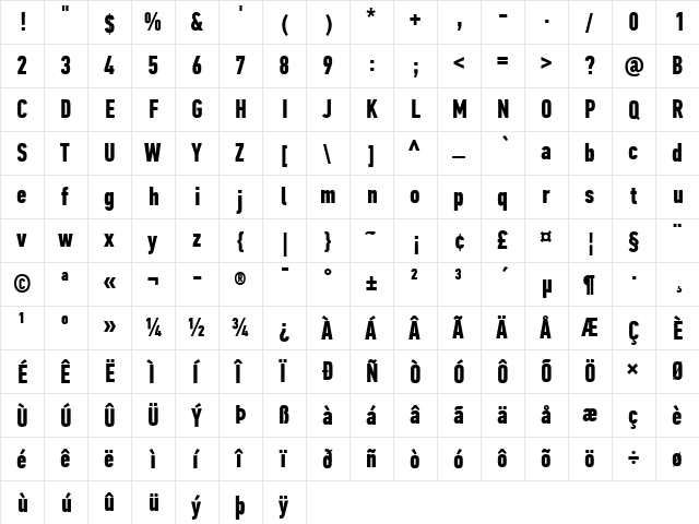 PF Din Text Comp Pro Bold  glyph index