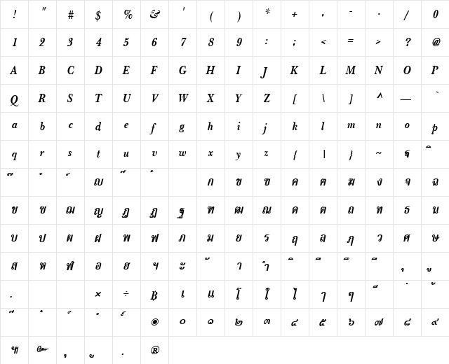PSL-Irene Bold Italic  glyph index