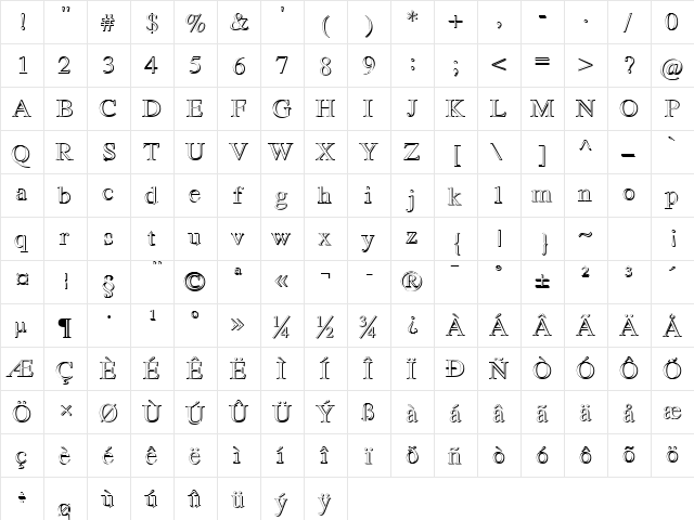 Romand Shadow DB Normal  glyph index