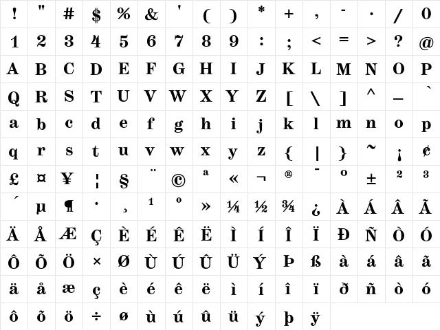 Hercules Text Bold  glyph index