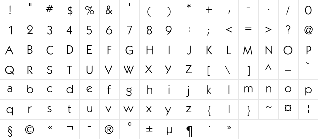 KabelC Book Regular  glyph index