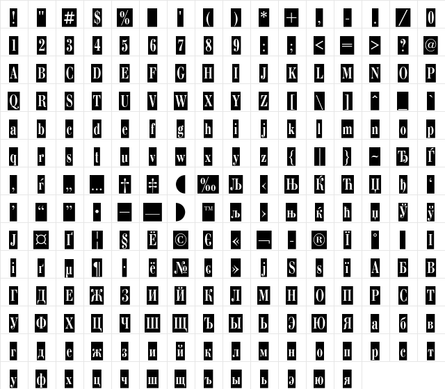 BodoniCondCameoC Regular  glyph index
