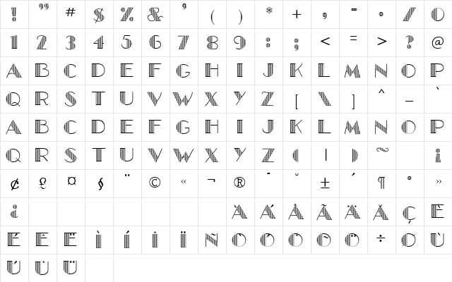 GLitzyVStriped Regular  glyph index